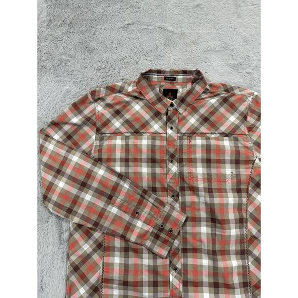 Prana Shirt Mens XL Red Brown White Plaid Slim Fit Polyester Button Up Outdoor - Picture 1 of 13